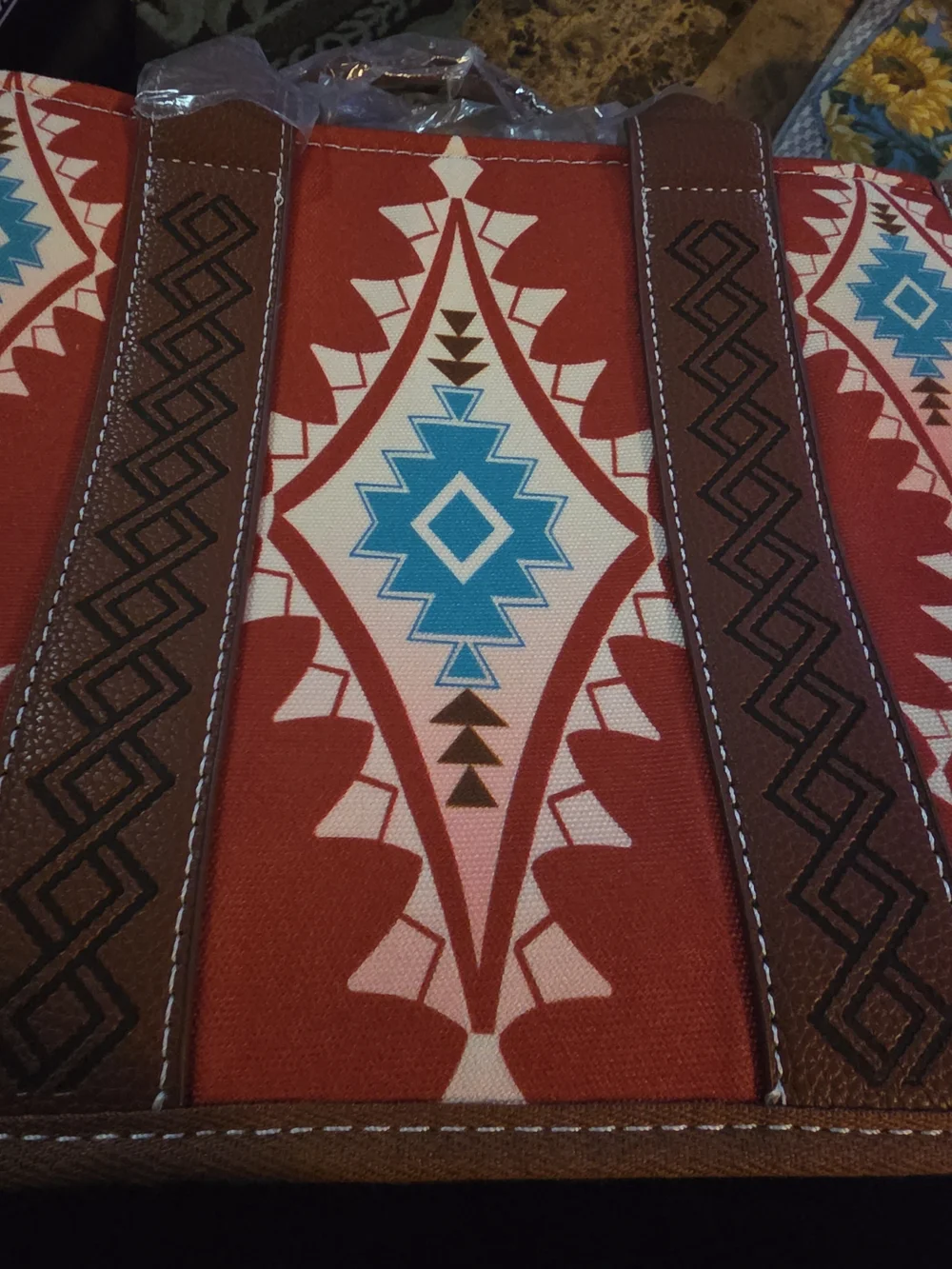 Red Aztec-Print Tote Bag with Brown Trim